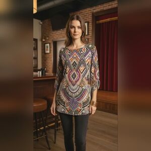 Printed Geometric Boatneck 3/4 Sleeve Tunic Top - Multi XL Boho
